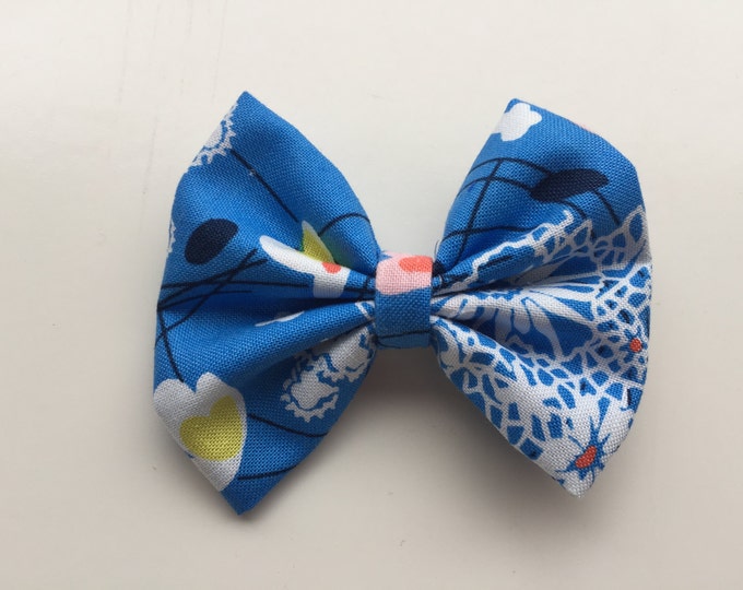 Blue floral fabric hair bow or bow tie