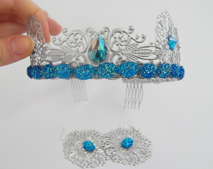 Princess crown adult, princess rhinestone tiara crown, medieval tiara, filigree silver blue crown, wedding headpiece headband headdress
