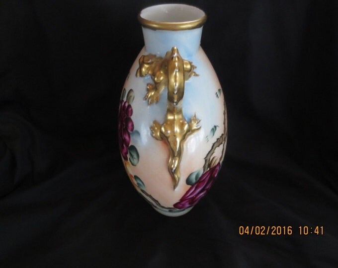 Gorgeous Antique Limoges Pouyat Dragon Handle Large Pillow Vase