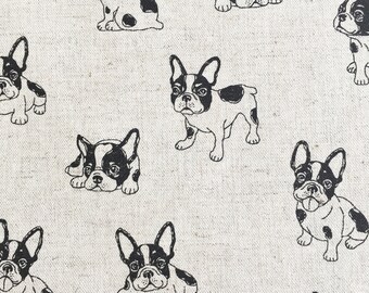 French Bulldog fabric - Boston Terrier fabric - dog fabric - cotton linen natural - Japanese Kudo fabric - puppy fabric