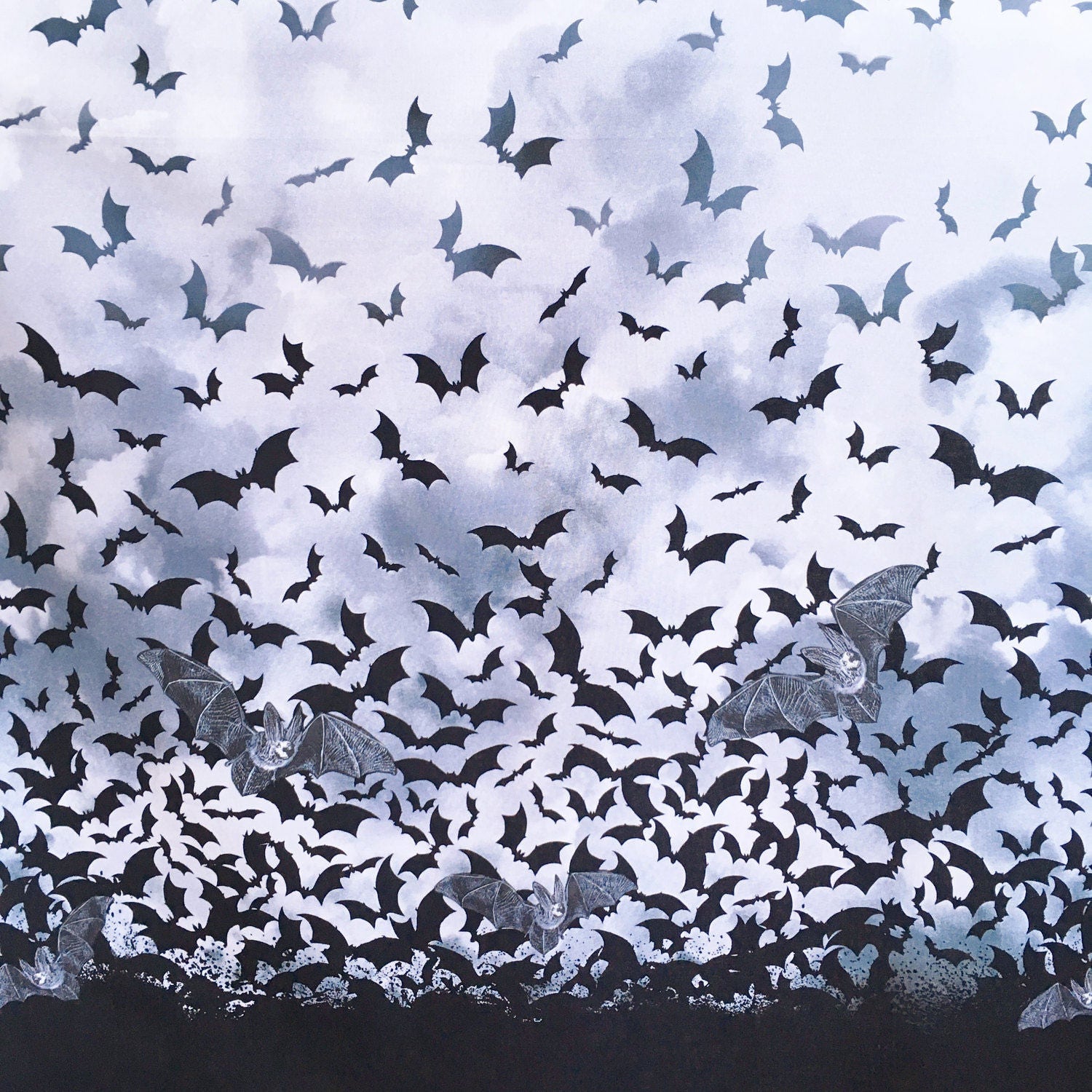 Bats fabric double border black bats flying on grey sky