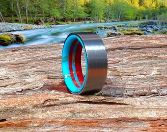 Fine Mens Ring, Wood Wedding Band, Tungsten Wedding Band, Turquoise Band Beautifully Handmade From Wild Cherry and Turquoise - Waterproof!