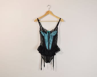 90s Lingerie Teddy, High Cut Lingerie, High Cut Teddy, Green and Black Teddy, Lacy Lingerie Onesie, Lingerie One Piece, 1990s Lingerie Small