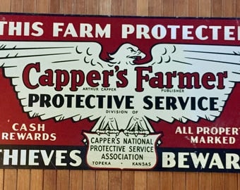 Antique 1940s Metal Sign - Capper's Farmer Farm Property Protection, Thieves Beware