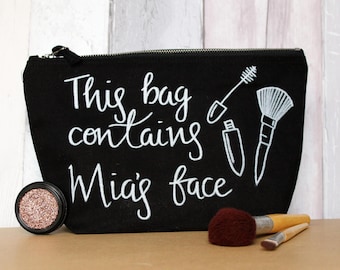Contains My Face | Cosmetics | Toiletry Storage | Make up Brushes | Personalised | Handwritten | Double Illustration | Make-up Bag