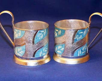 Pair of Vintage Russian Aluminum Glass Holders, Soviet Vintage Russian Tea Glass Holder, Podstakannik, holder coffee holder kitchen decor