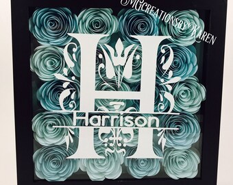 Family Name, Flower Shadow box, Monogram Shadow Box, Anniversary Gift, Wedding Gift, Housewarming gift, Engagement Gift, Baby shower gift