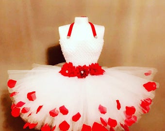 First Birthday outfit girl, flower girl dress, white and red dress