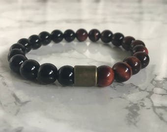 Black Onyx and Red Tiger Eye Beaded Bracelet, Gemstone Jewellery, Stretch Bracelet