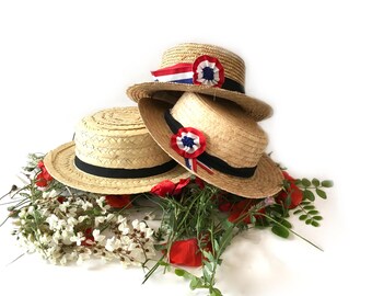 3 french Straw Boater hats. french hat. 1960's vintage hat. Straw hat with french rosette.