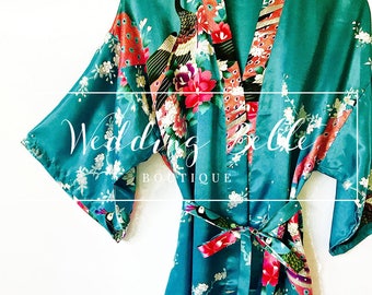 Classic Teal Kimono Robe - Peacock Robe Teal - High Quality Satin Robe - Teal Robe - Soft Satin Robe - Robes Bridesmaids - Party Robes