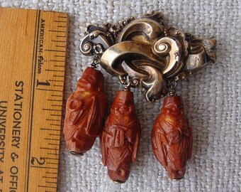 Antique Victorian Edwardian Art Nouveau Gold Fill Hedaio Dangle Pin Brooch Pendant Unusual Carved Peach Pit Chinoiserie Chinese