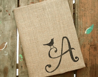 Bird Letter - Monogram Burlap Journal Cover w. Notebook - Initial Journal - Journal Lined or Journal Blank - Journal Personalized
