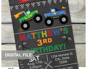 Monster Truck Birthday Invitation Chalkboard Party Invitation - 5" x 7" Digital Printable Invite