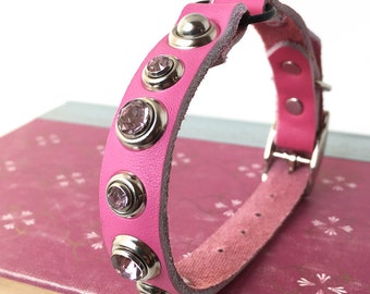 Pink Leather Cat Collar with Crystal Rivets, Eco-Friendly, Size to fit a 7-9in Neck, Rhinestone Collar