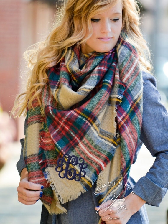 Monogrammed oversized square plaid blanket scarf Blarney