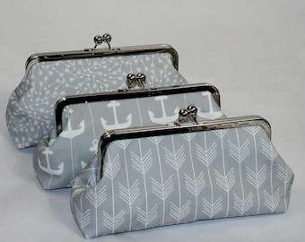 Gray Bridesmaid Clutches, Grey Wedding Clutch, Bridesmaids Gifts, Personalized Clutches, Choose Your Fabric Grey Set