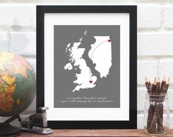 Heart Map State Country Personalized Wedding Gift Long Distance Custom Map Miss You Gift Personalized Location Anniversary Gift for Couple