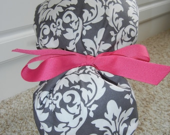 Turn Up Ponytail Scrub Hat with Gray White Dandy Damask CHOOSE RIBBON Color