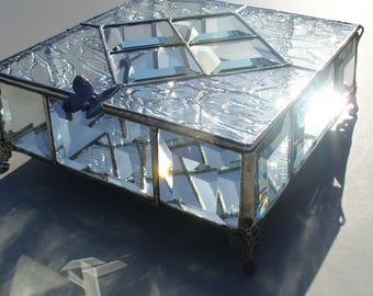 Large, Beveled and Stained Glass, Jewelry Box - Your choice of Lid glass color and Handle