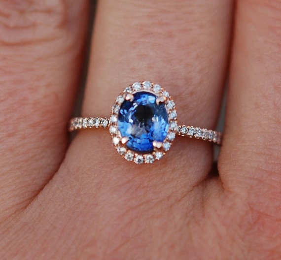 Rose gold sapphire ring. 2.14ct blue sapphire diamond ring 14k rose ...
