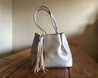 Hand Stitched Simple Leather Lily of The Valley Tote Bag - Silver -