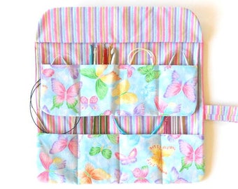 8 Pocket Holder for Circular Knitting Needles, Needle Roll, Butterfly Print Crochet Hook Storage Organizer, Brushes Case, Blue Pink Stripes