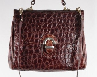 VINTAGE Brown EMBOSSED CROC look leather satchel handbag w/ shoulder strap