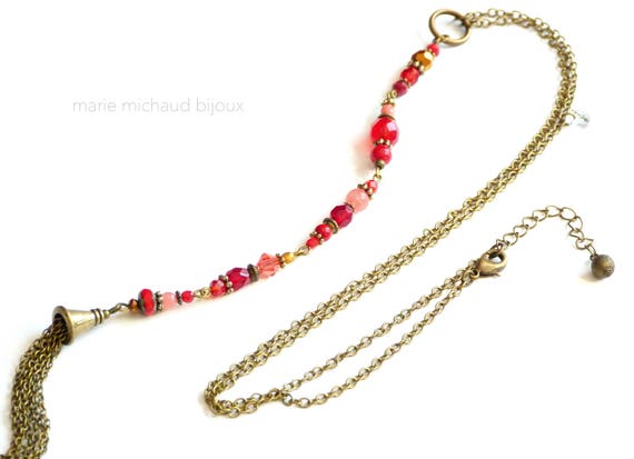 Y necklace,Boho necklace,Red and pink necklace,Tassel necklace,Original boho necklace, Red necklace,Red and pink jewelry,Long boho necklace