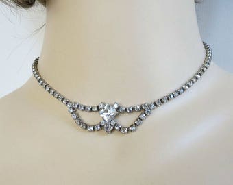 Clear Rhinestone Choker Necklace Vintage Bridal Wedding