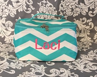 CLOSEOUT SALE.... Small aqua and white Chevron Cosmetic Bag with handle. With FREE personalization.