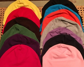 Set of three, Solid Color Cotton Spandex Chemo Caps, Chemo Hat, Sleep Caps, Comfy and stretchy caps
