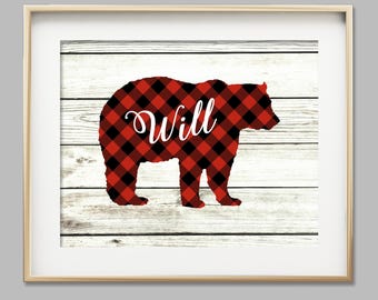 Baby boy nursery wall art woodlands nursery bear cub print buffalo plaid boy room decor rustic nursery personalized baby gift for baby