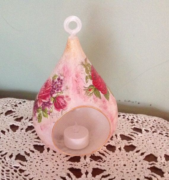 Decoupage Glass candle holder hand painted roses home