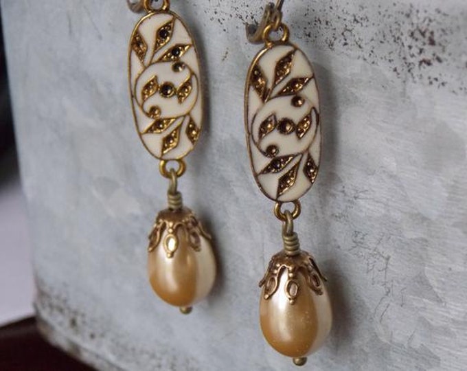 Glass Pearl Earrings Gold Enamel Teardrop Earrings Pearl Dangle Earring Antique Brass Victorian Earrings, Downton Abbey Earrings