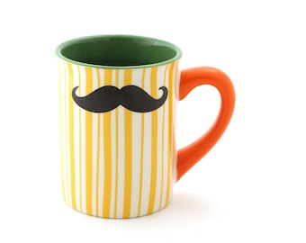 Mustache Mug, Moustache Mug, Yellow orange green, Double Sided, Kiln Fired, gift for him, mens gift