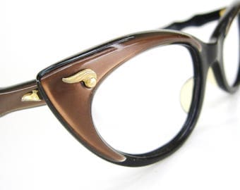 Vintage 60s Satin Brown Cat Eye Eyeglasses Frame Bausch&Lomb