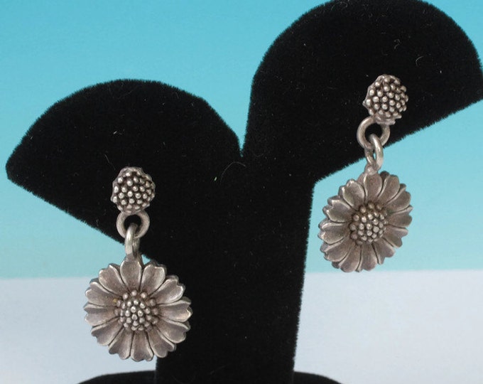 Sunflower Dangle Earrings Posts Signed Vintage Silver Tone