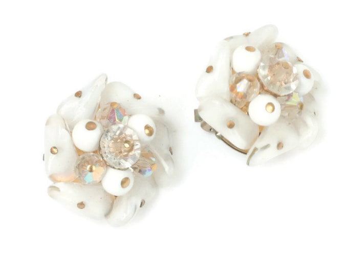 Crystal Beaded Earrings Signed Laguna Clip On Wedding Bridal Vintage