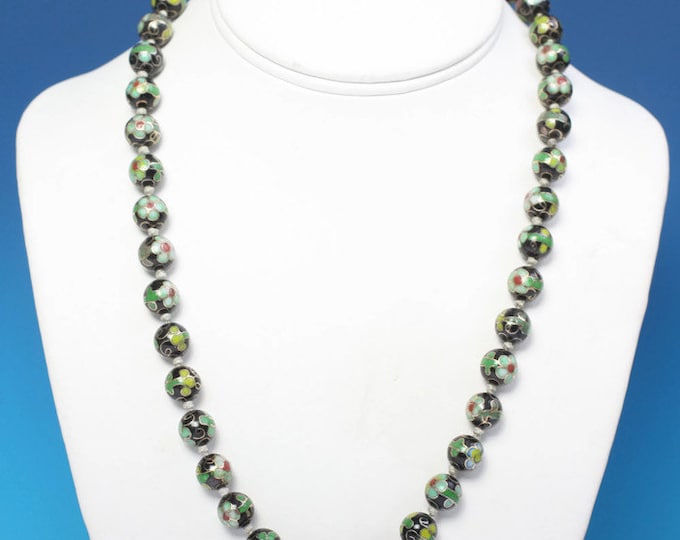 Green and Black Cloisonne Bead Necklace Porcelain Beads Vintage