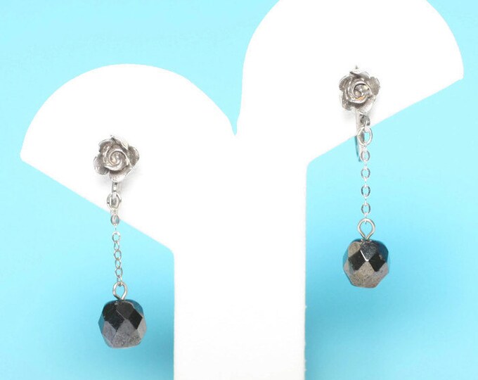 Dark Grey Dangle Earrings Rose Accent Hematite Clip On Vintage