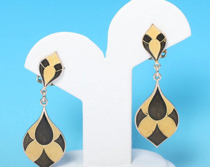 Harlequin Dangle Earrings Brown and Yellow Enamel Vintage Clip Style