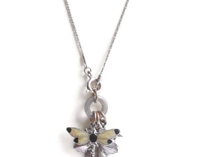 Enameled Dragonfly Leaf Floral Pendant Charm Necklace