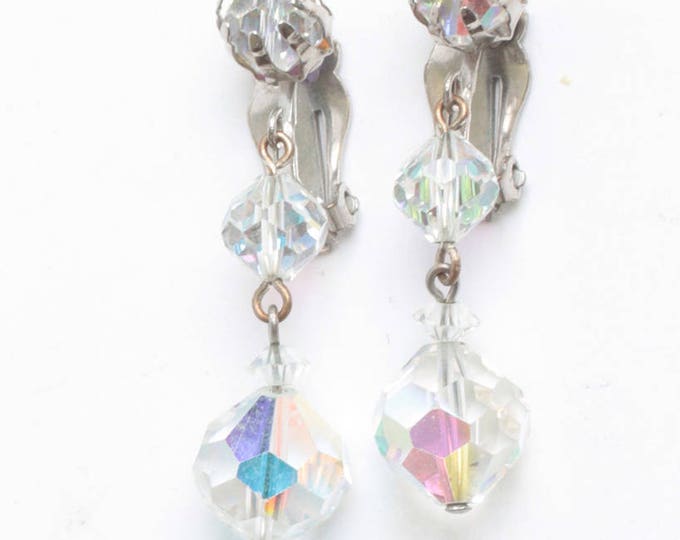 AB Crystal Bead Dangle Earrings Clip On Wedding Special Occasion Vintage