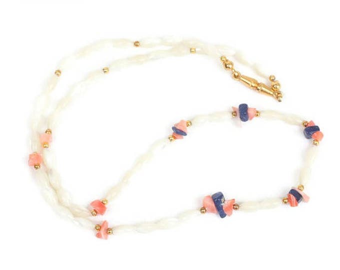 Mother of Pearl Rice Bead Necklace Coral Lapis Bead Vintage