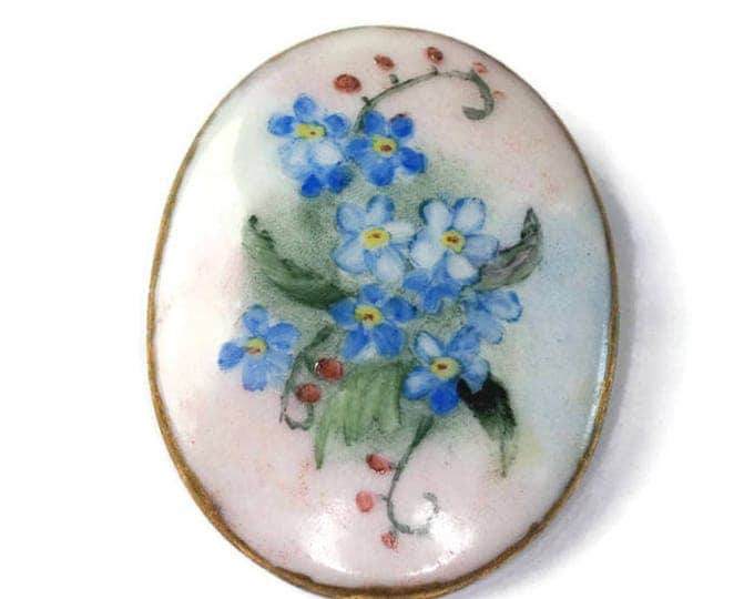 CIJ Sale Victorian Blue Flowers Porcelain Brooch Painted Forget Me Nots Oval Shape