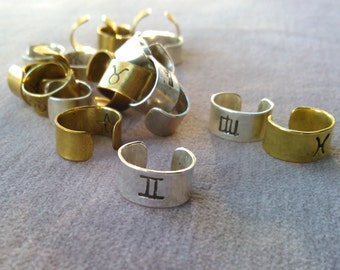 ear cuff in copper, brass or sterling silver stamped with your zodiac sign