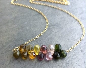 Rainbow Watermelon Tourmaline Gold Necklace. OOAK Watermelon Tourmaline 14k Gold Filled Chain Necklace.
