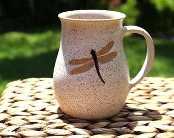Ceramic DRAGONFLY Coffee Mug - Handmade Speckled Oatmeal Stoneware Dragonfly Mug - Ready To Ship