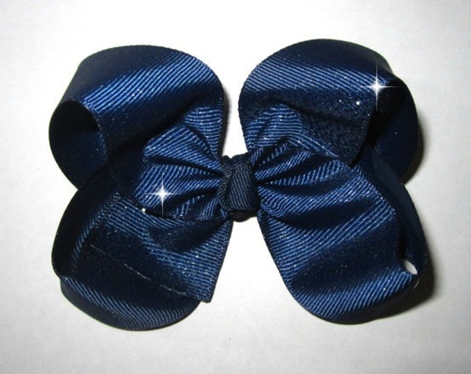 Blue Denim Sparkle Hair Bow Chunky Boutique Sassy Simple and Sweet Hairbow Glitter Jeans Large Big Classy Loops